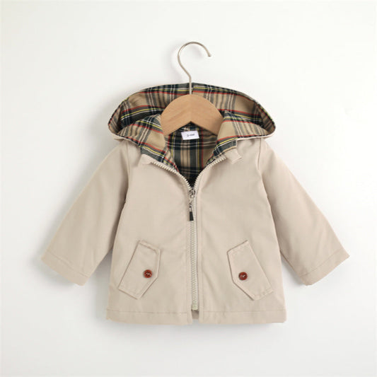 Cotton Solid Long-sleeve Hooded Windbreaker Coat