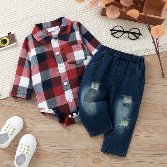 Long-sleeve Romper % Cotton Ripped Jeans Set
