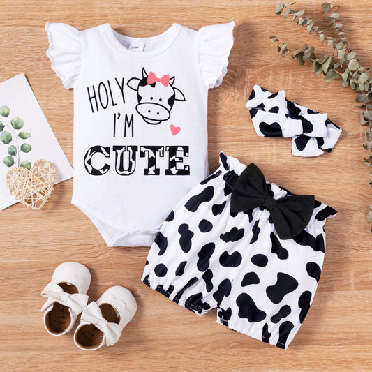 Cow Print Romper and Bloomer Shorts with Headband Set
